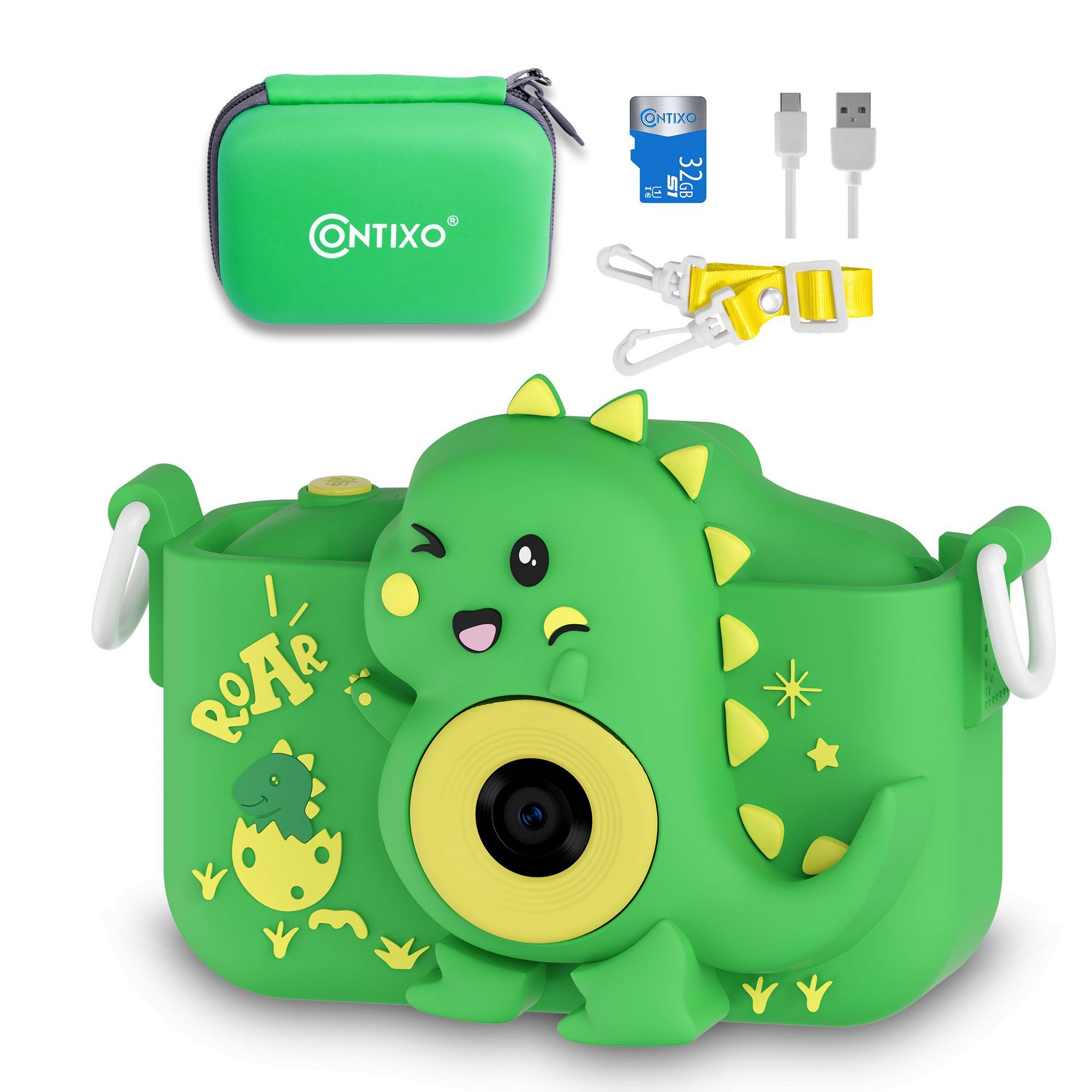 Contixo Kids Digital Camera, 1080p HD, Dual Lens, 4x Zoom, Games, Ages 3-8 - Green Dinosaur