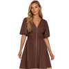Knit & Lounge Colorblock Zip Front Short Sleeve Midi Dress Puff Sleeve Deep V-Neck High Waistband A-Line Silhouette - 2 of 4