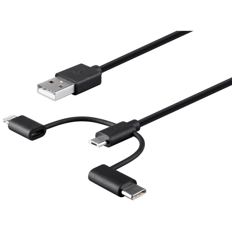 Monoprice USB & Lightning Cable - 3 Feet - Black | MFi Certified USB to Micro USB + USB Type-C + Lightning 3 in 1 Charge & Sync Cable, 2 of 7