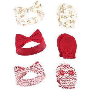 Hudson Baby Infant Girls Cotton Headband and Scratch Mitten 6pc Set, Reindeer, 0-6 Months - 1 of 1