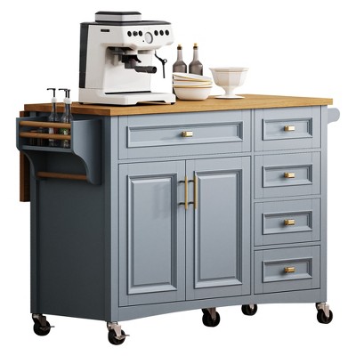 PDTEND Embossed Texture Kitchen Island with Drop Leaf, Spice Rack, Towel Rack, 2 Doors, 5 Drawers, Rolling Kitchen Storage Cart