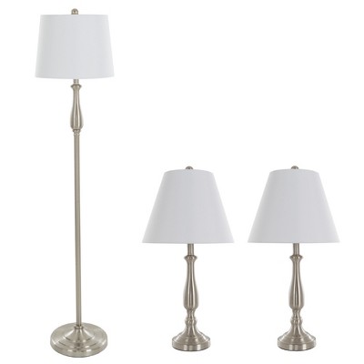 Table Lamps and Floor Lamp Traditional Set of 3 (3 LED bulbs included) Brushed Steel - Yorkshire Home
