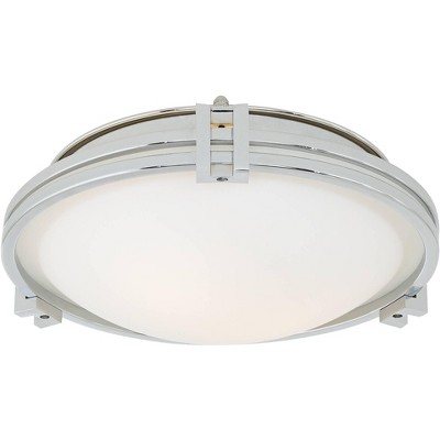 Possini Euro Design Art Deco Ceiling Light Flush Mount Fixture Chrome 12 3/4" Wide White Glass Bowl for Bedroom Kitchen Hallway