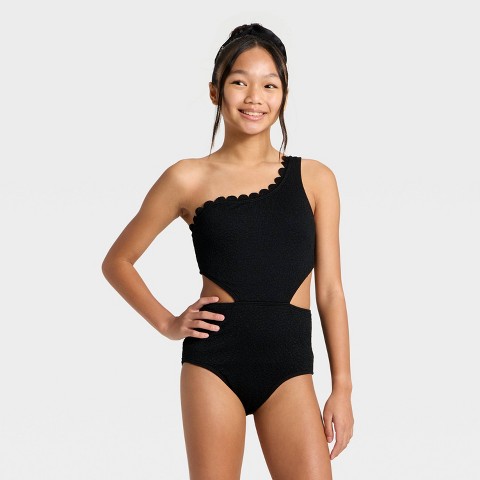 Art Class Girls' Scallop Jacquard One Piece Swimsuit - art class™ Black L