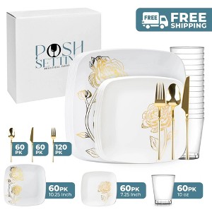 Posh Setting 420 Piece White And Gold Plastic Party Bundle - Peony (60 Settings) - 1 of 4
