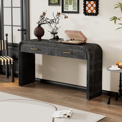 Wooakway 59" Retro Silhouette Console Table Two Drawers Open Shelf Antique Black