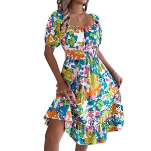 Coolmee Women Square Neck Short Sleeve Midi Dress Summer Boho Floral Swing Beach Dress - 1 of 4
