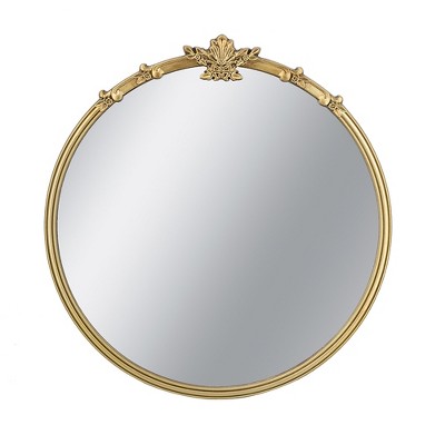 JUJABU 30x31" Round Wall Mirror with Gold Finish and Decorative Leaf Crest