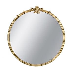 JUJABU 30x31" Round Wall Mirror with Gold Finish and Decorative Leaf Crest - 1 of 4