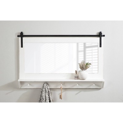 White Rectangular Wood Wall Mirror with Shelf and Hooks
