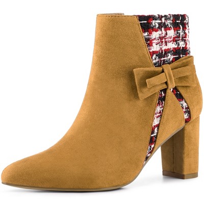 Allegra K Women's Plaid Pointed Toe Block Heels Ankle Boots