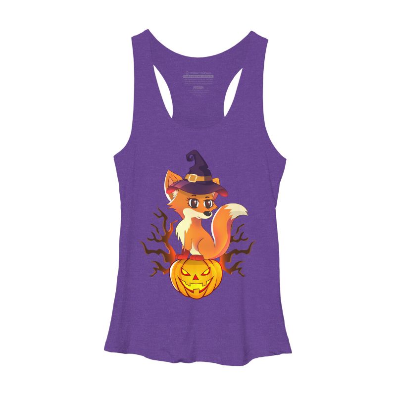 Women's Design By Humans Cute Witch Fox With Jack O Lantern Halloween Shirt By thebeardstudio Racerback Tank Top, 1 of 4