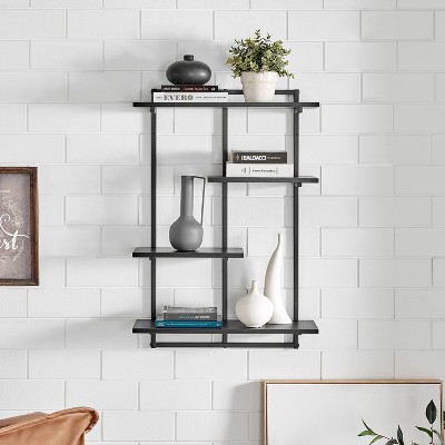 Rhodes Black Iron and Wood 4-Tier Floating Wall Shelf Unit