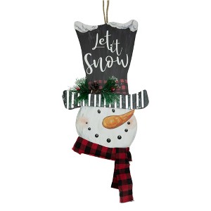 Northlight 17" Wooden 'Let it Snow' Snowman with Plaid Scarf Christmas Wall Sign - 1 of 4