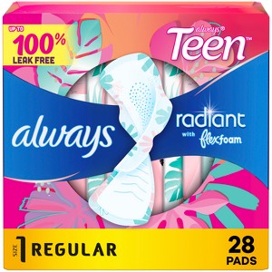 Always Radiant FlexFoam Teen Pads Regular Absorbency with Wings - Unscented - 28ct - 1 of 4