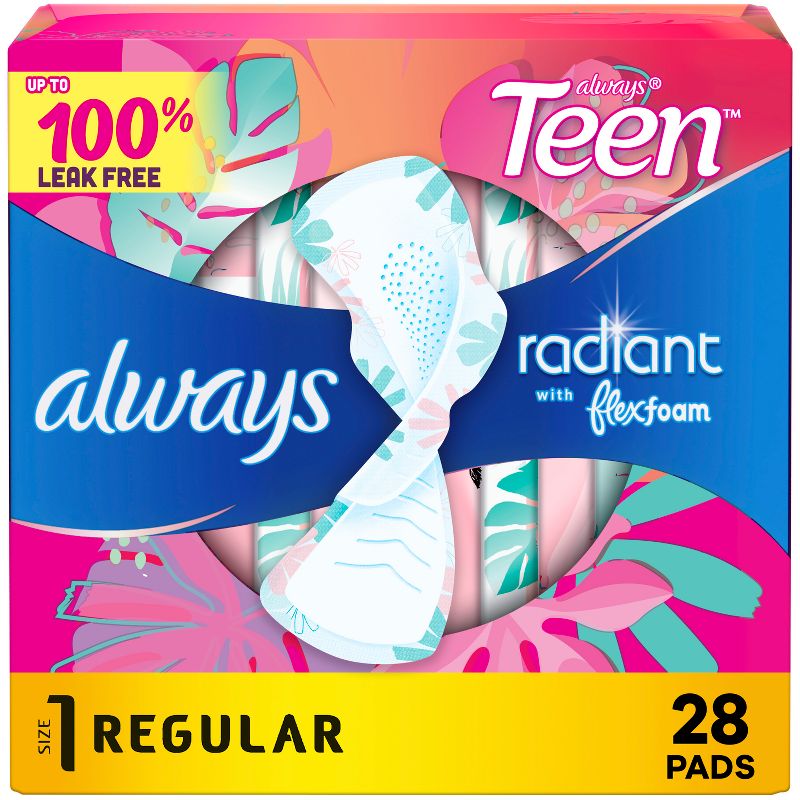 Always Radiant FlexFoam Teen Pads Regular Absorbency with Wings - Unscented - 28ct, 1 of 14