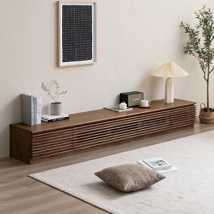 POVISON Minimalist Fluted TV Stand with Drawers, Solid Wood Media Console with Cabinets, Flip-down Door, Walnut Veneer, Fully-Assembled, 70" - 1 of 4