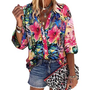 Nlife Women Lapel Collar Floral Print Button Down Long Sleeve Elastic Cuff Shirt - 1 of 4