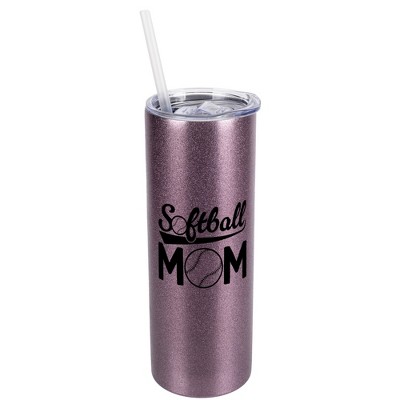 Elanze Designs Rose Gold 20 Ounce Double Wall Stainless Steel Glitter Travel Tumbler With Sliding Lid And Straw, Softball Mom
