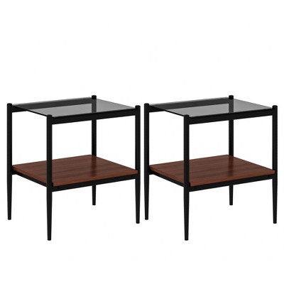 VYNXARIA Set of 2 Rectangle Brown End Table, Tempered Glass Tabletop with MDF layer, Modern Table for Living Room