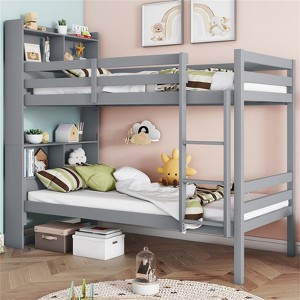 RISOKEYS Twin Over Twin Bunk Bed with Shelves - Rubber Wood Bed with Shelves Headboard, Safety Guardrails and Ladder, Convertible to 2 Beds, Grey - 1 of 4