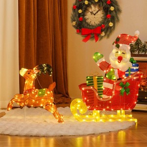Costway Lighted Christmas Santa Claus with Reindeer LED Lights 12 Ground Stakes Cable Tiers - 1 of 4