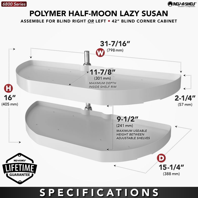 Rev-A-Shelf Polymer Half Moon 2-Tier Lazy Susan Blind Corner Kitchen Cabinet Storage Organizer w/ Pivot & Slide Hardware, 3 of 7