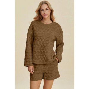 I am a Fashion junky Double Take Full Size Texture Round Neck Long Sleeve Top and Shorts Set - 1 of 4