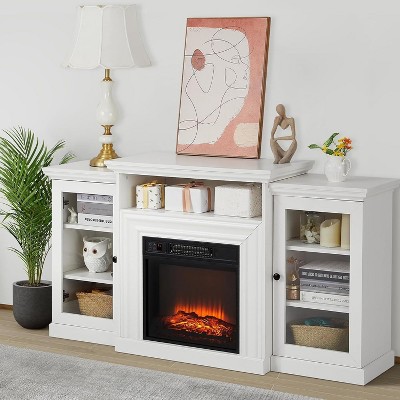 60" TV Stand with Electric Fireplace, Farmhouse Wood Entertainment Center, 18" Built-in Fireplace 1400W with Remote Control 3 Level Adjustable Flame
