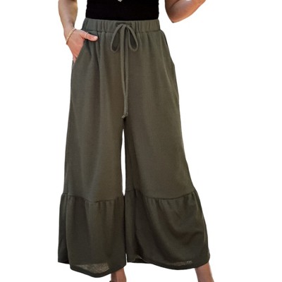 Amaryllis Women's Flowy Tiered Pants High-Waisted Drawstring Wide-Leg Relaxed Fit Casual Boho Style