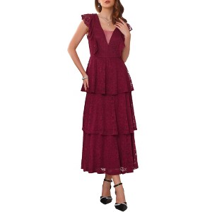 INSPIRE CHIC Women's Lace Wedding Guest Cocktail Evening Ruffle Cap Sleeves Tiered A-Line Maxi Dresses - 1 of 4