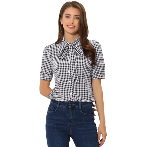 Women Fashion Short Sleeve Plaid Bow Knot  