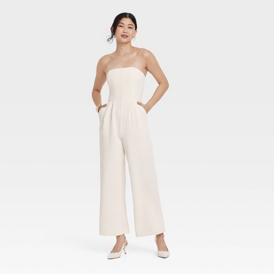 Women's Jumpsuit - A New Day™ Cream S: Polyester, Midweight, Pull-On, Side Pocket, Below Knee, Strapless