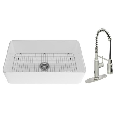 33'' Rectangular Single Bowl Fireclay Farmhouse Apron Kitchen Sink with Faucet, Glossy  White