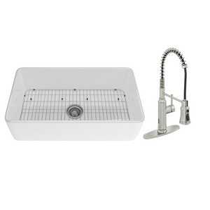 33'' Rectangular Single Bowl Fireclay Farmhouse Apron Kitchen Sink with Faucet, Glossy  White - 1 of 4