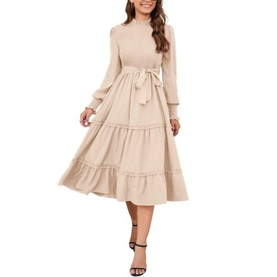 Women's Ruffle Mock Neck Long Sleeve Smocked Midi Dress Casual Floral Print Elastic Waist Tiered Long Dress Apricot L