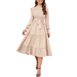 Women's Ruffle Mock Neck Long Sleeve Smocked Midi Dress Casual Floral Print Elastic Waist Tiered Long Dress - 1 of 4