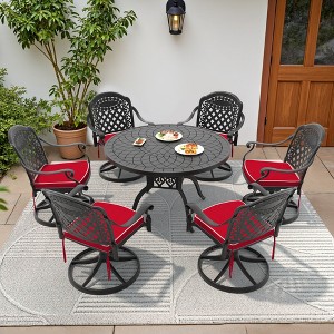 7-Piece Round Cast Aluminum Outdoor Patio Dining Set with Swivel Chairs & Red Cushions - 1 of 4