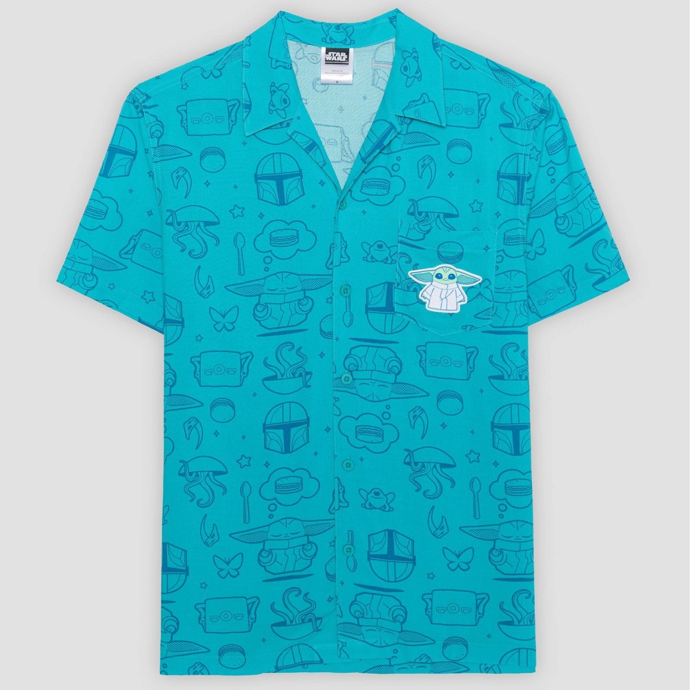 Men's Star Wars The Mandalorian and Grogu Button-Up Collared Shirt - Aqua Blue XL