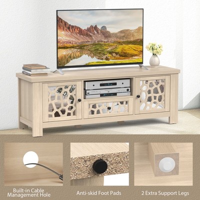 Natural Wood 55" TV Stand with Mirrored Cabinet Doors