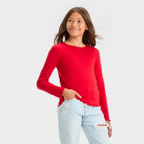 Girls\' Long Sleeve Lettuce Edge T-shirt - Art Class™ Red Xl : Target