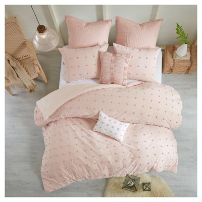 Pink Cotton Jacquard Twin/Twin XL Duvet Cover Set with Shams and Pillows