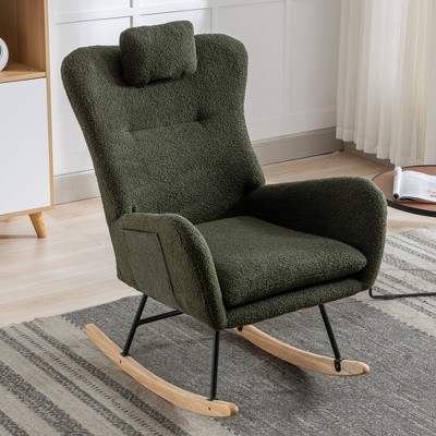 Aukfa Soft Teddy Fabric Rocking Chair w/Pocket - Ergonomic Nursery Glider, Solid Wood Base, 257LB Capacity for Living Room & Bedroom