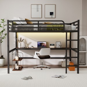 Hrinhom Metal Queen Loft Bed With Power Outlet and Desk,Space-Saving Metal Bunk Bed - 1 of 4