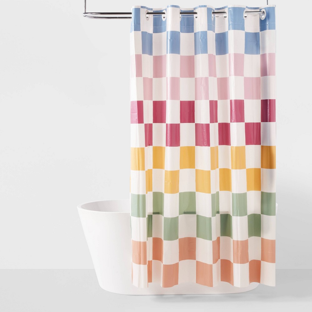 Checkerboard Hookless Easy Install Shower Curtain - Room Essentials™: PEVA Material, Includes Rings, Molded Texture