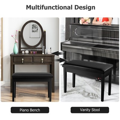 Elegant Solid Wood and Black PU Leather Double Duet Piano Bench with Storage