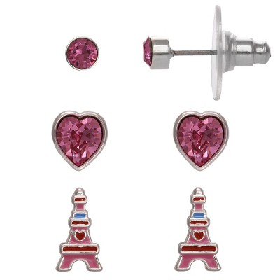 FAO Schwarz Crystal Heart & Eiffel Tower Trio Stud Earring Set