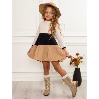Neutral Colorblock Long Sleeve Tiered Premium Lined Dress Mia Belle Girls