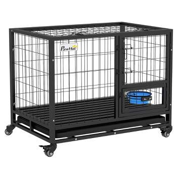 PawHut Heavy Duty Dog Crate, Strong Steel Dog Crate w/ Bowl Holder, Wheels, Detachable Top Removable & Tray for Dogs, Black
