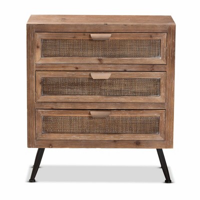 Mid-Century Natural Brown Wood and Rattan 3-Drawer Cabinet